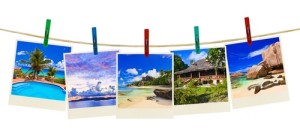 Vacation beach photography on clothespins isolated on white background